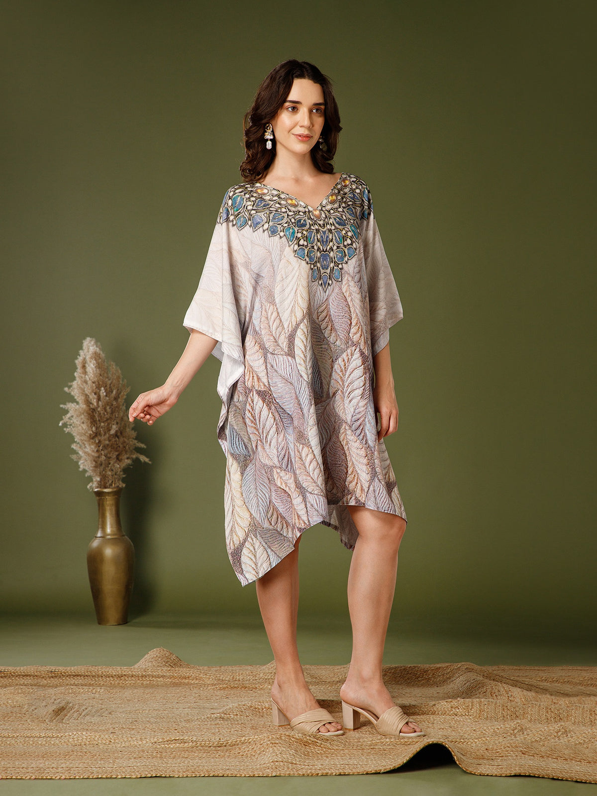 Beige Poly Crepe V-Neck Kaftan Dress