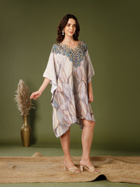Beige Poly Crepe V-Neck Kaftan Dress