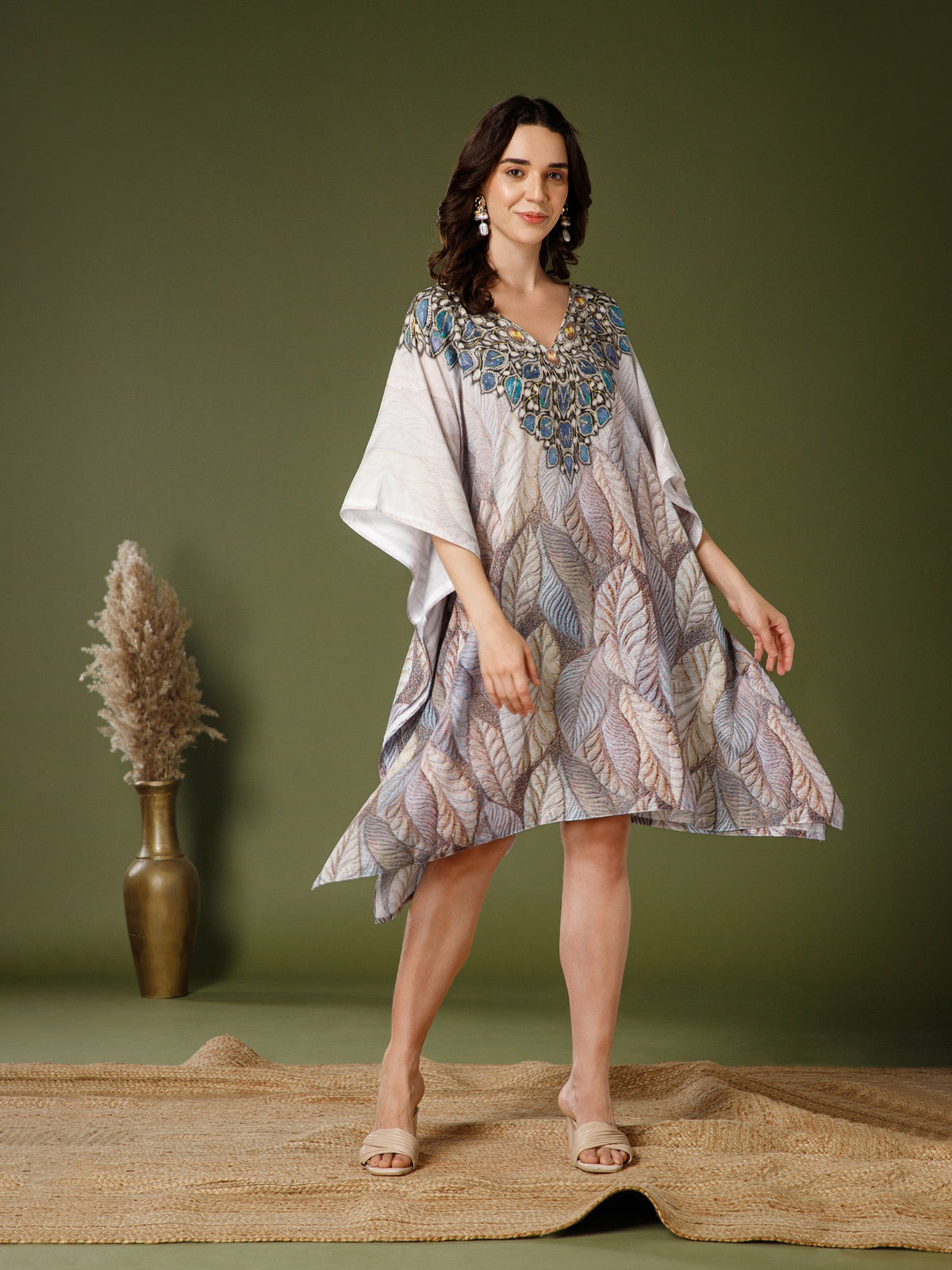 Beige Poly Crepe V-Neck Kaftan Dress