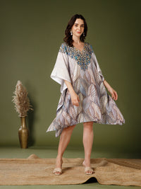 Beige Poly Crepe V-Neck Kaftan Dress