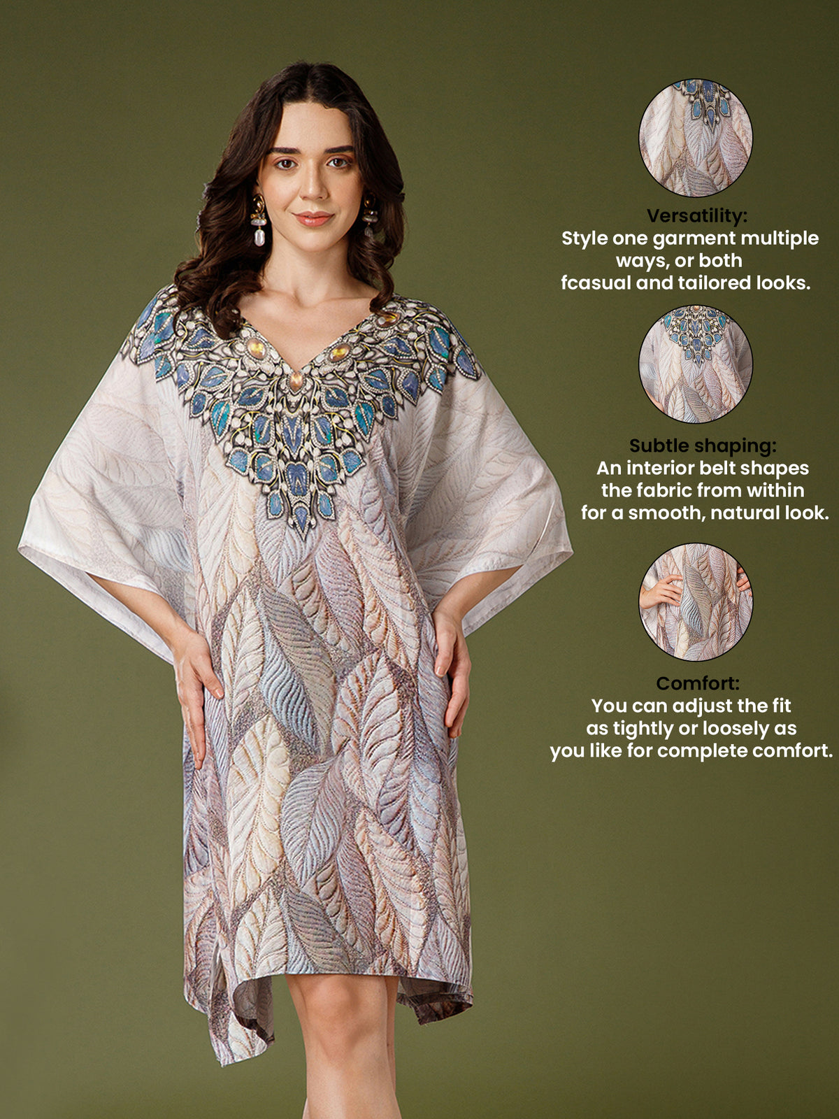 Beige Poly Crepe V-Neck Kaftan Dress