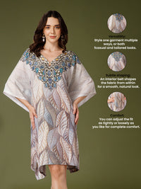 Beige Poly Crepe V-Neck Kaftan Dress