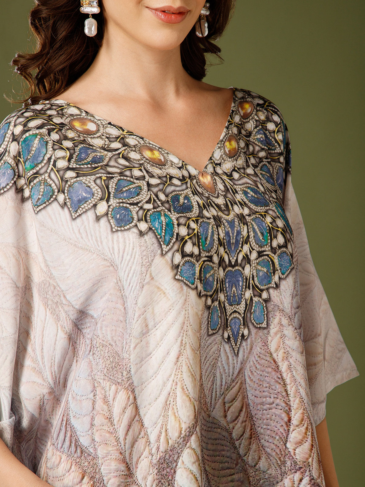 Beige Poly Crepe V-Neck Kaftan Dress