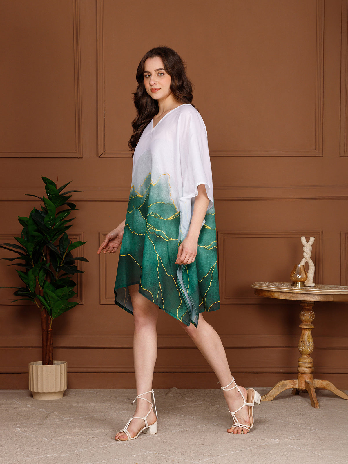 Green & White Cotton V-Neck Kaftan Dress
