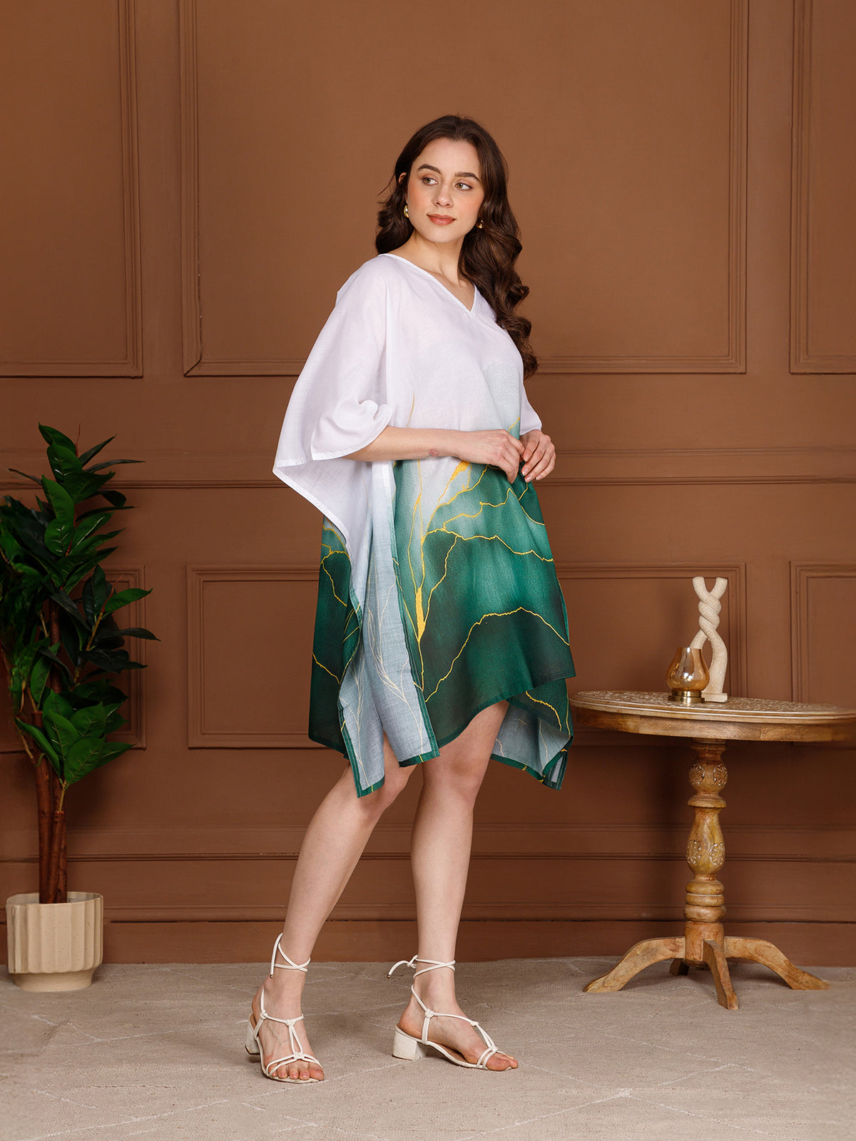 Green & White Cotton V-Neck Kaftan Dress