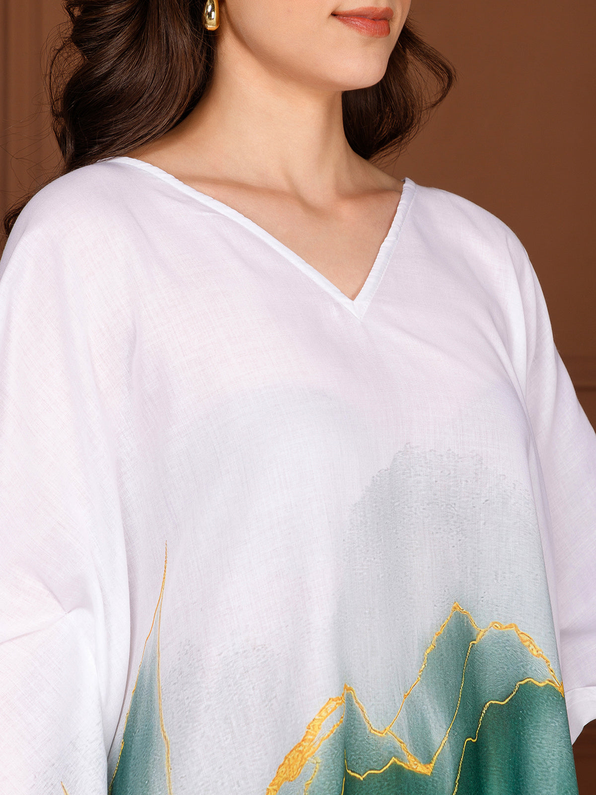 Green & White Cotton V-Neck Kaftan Dress