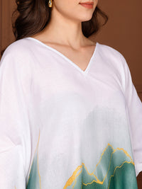 Green & White Cotton V-Neck Kaftan Dress