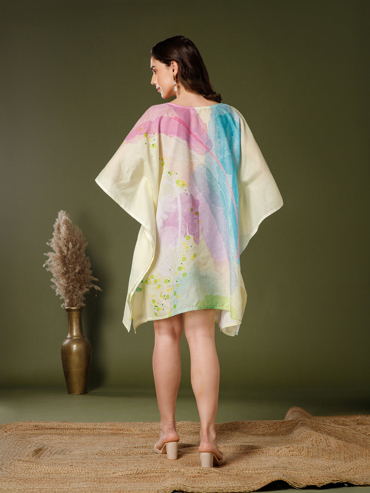 Light Yellow Cotton V-Neck Kaftan Dress