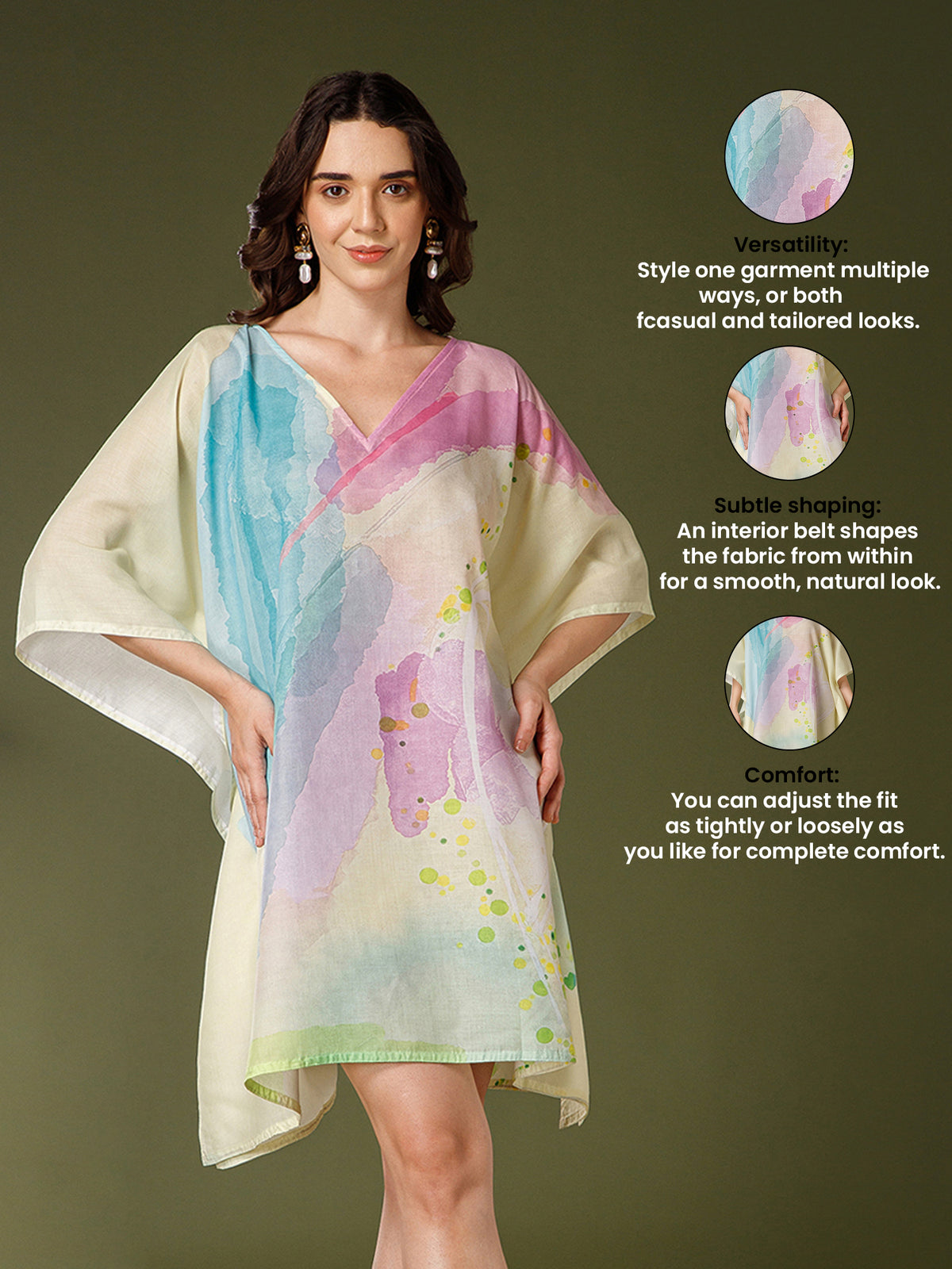 Light Yellow Cotton V-Neck Kaftan Dress