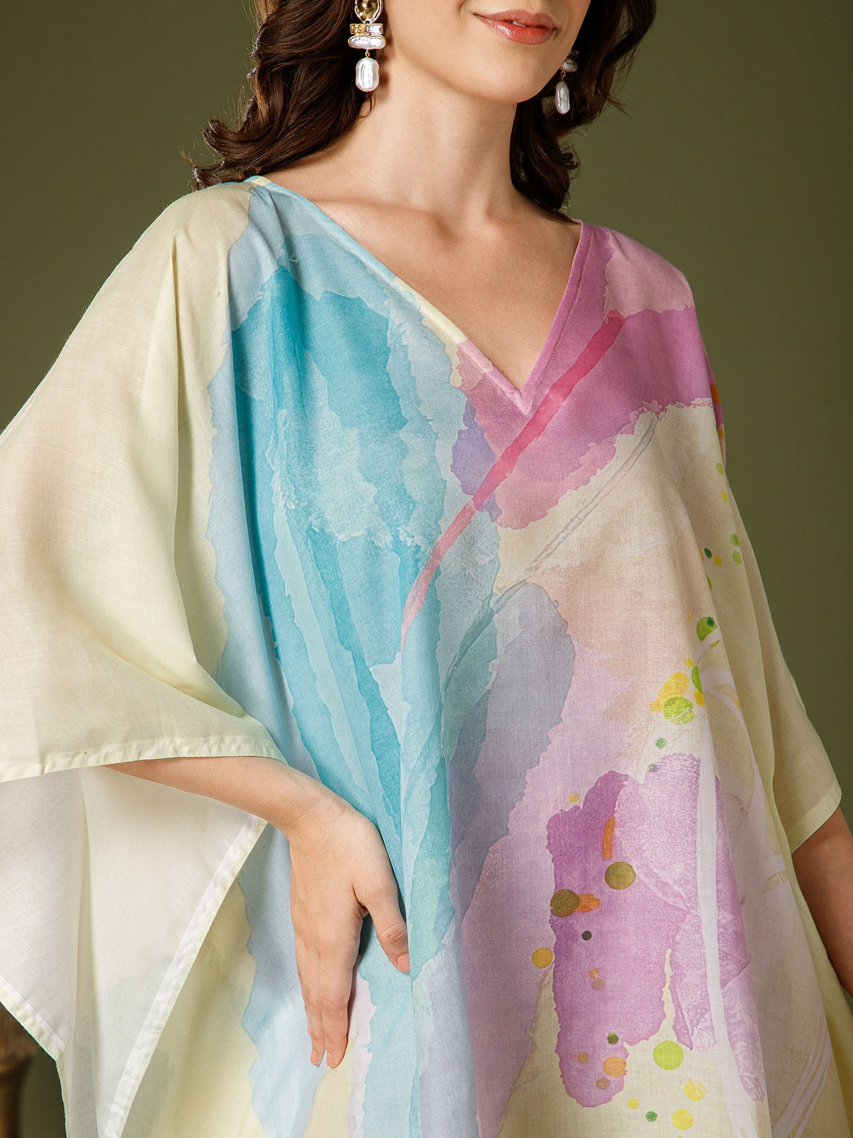 Light Yellow Cotton V-Neck Kaftan Dress