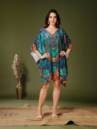 Teal-Green Poly Silk V-Neck Kaftan Dress