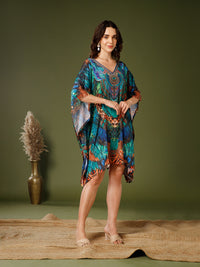 Teal-Green Poly Silk V-Neck Kaftan Dress
