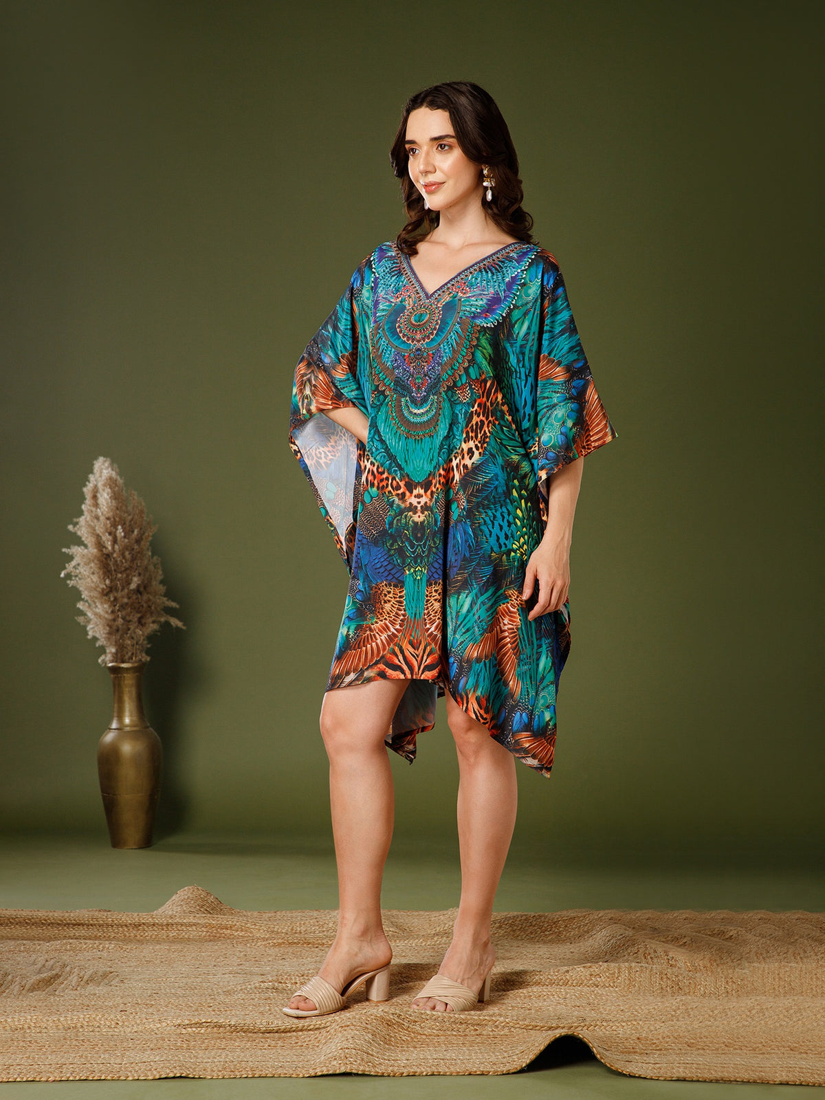Teal-Green Poly Silk V-Neck Kaftan Dress