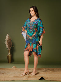 Teal-Green Poly Silk V-Neck Kaftan Dress
