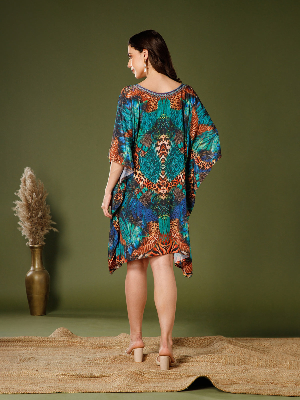 Teal-Green Poly Silk V-Neck Kaftan Dress