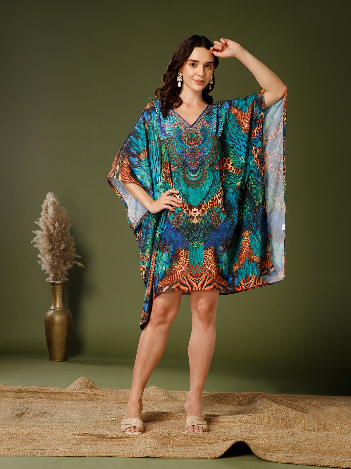 Teal-Green Poly Silk V-Neck Kaftan Dress