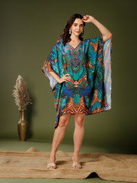 Teal-Green Poly Silk V-Neck Kaftan Dress