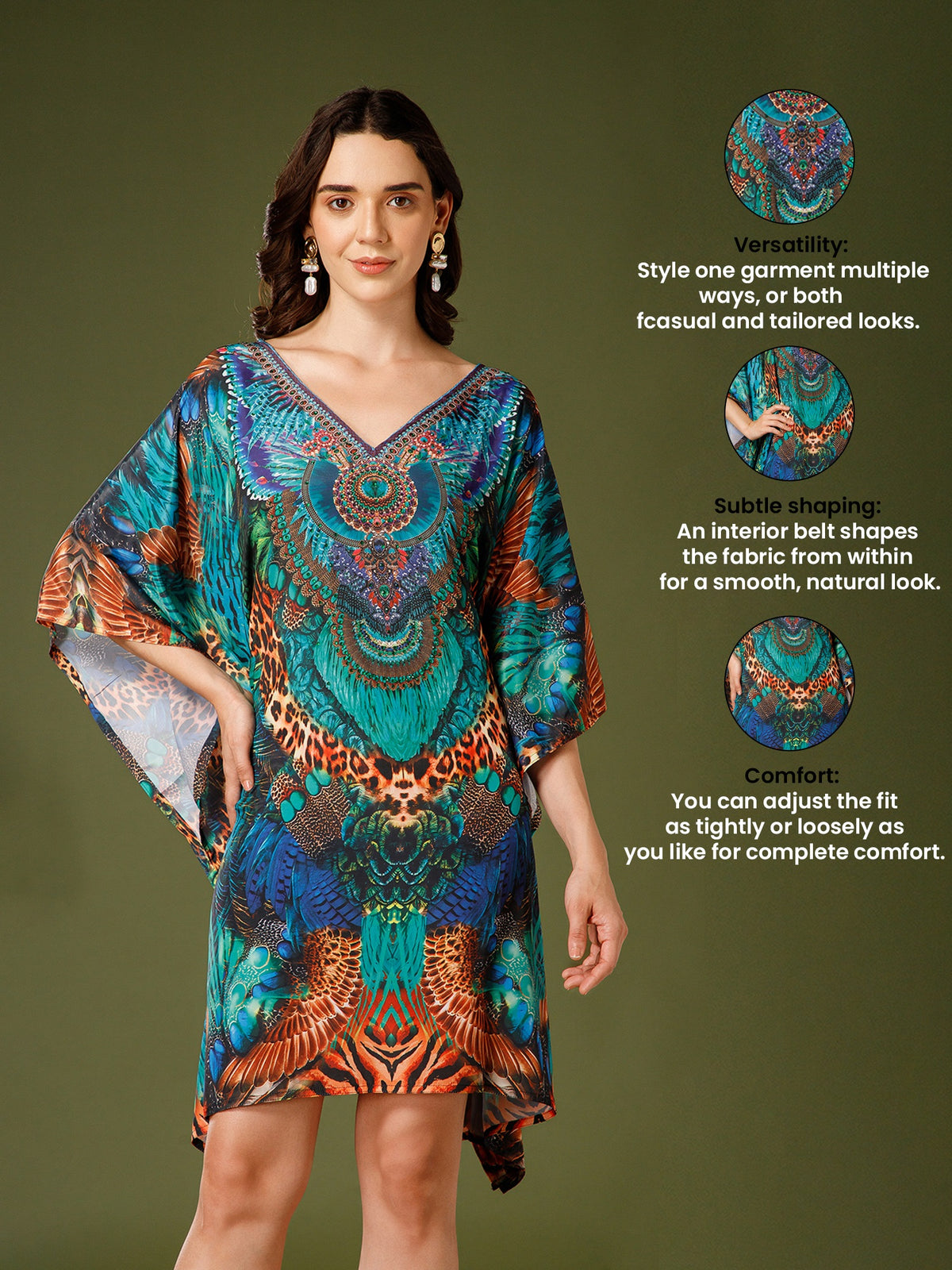 Teal-Green Poly Silk V-Neck Kaftan Dress