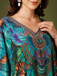 Teal-Green Poly Silk V-Neck Kaftan Dress