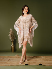 Beige Poly Silk V-Neck Kaftan Dress