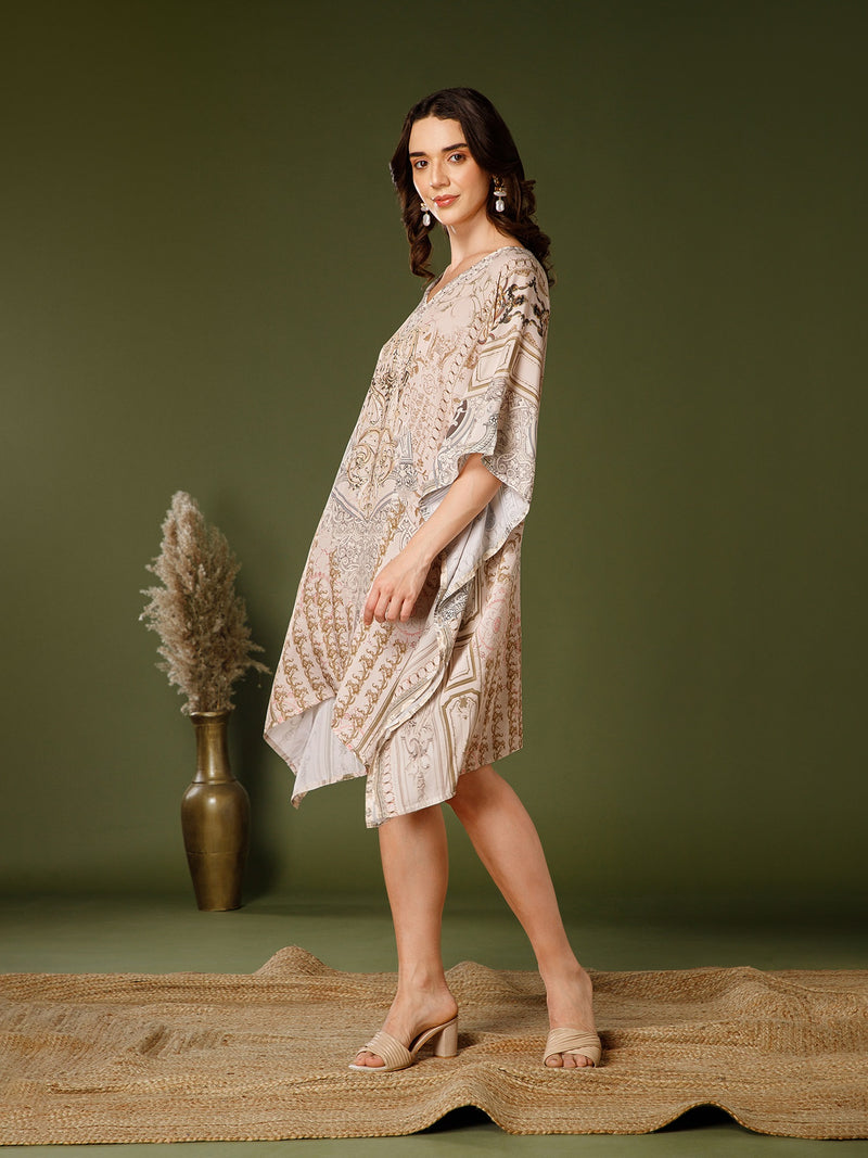 Beige Poly Silk V-Neck Kaftan Dress
