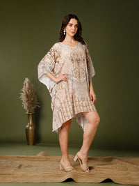 Beige Poly Silk V-Neck Kaftan Dress