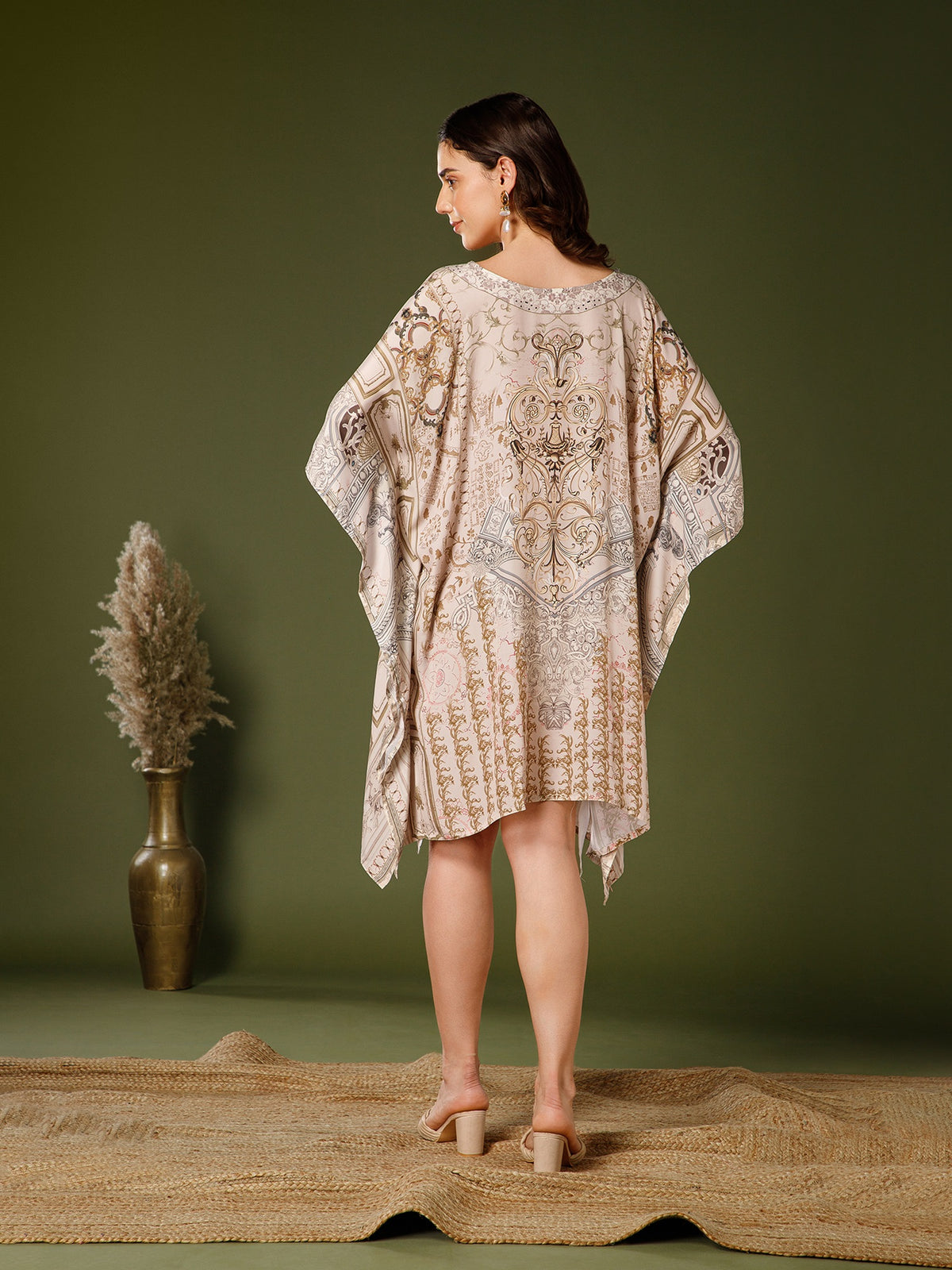 Beige Poly Silk V-Neck Kaftan Dress