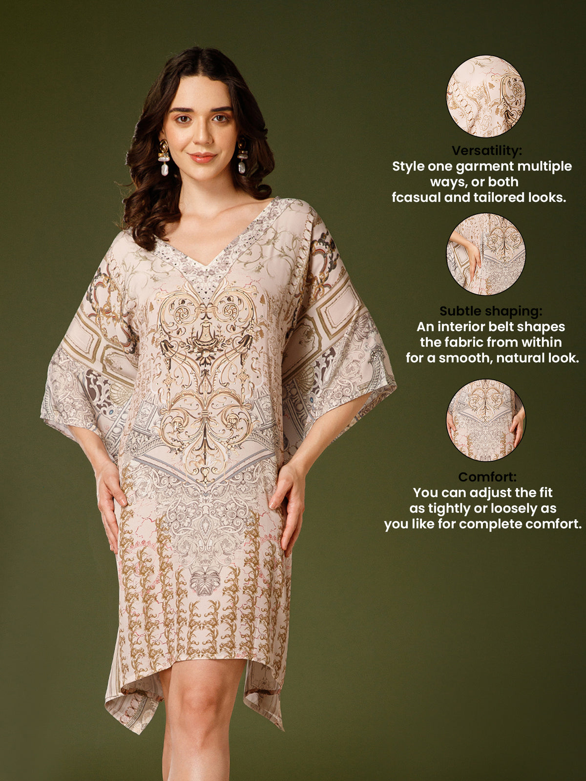 Beige Poly Silk V-Neck Kaftan Dress