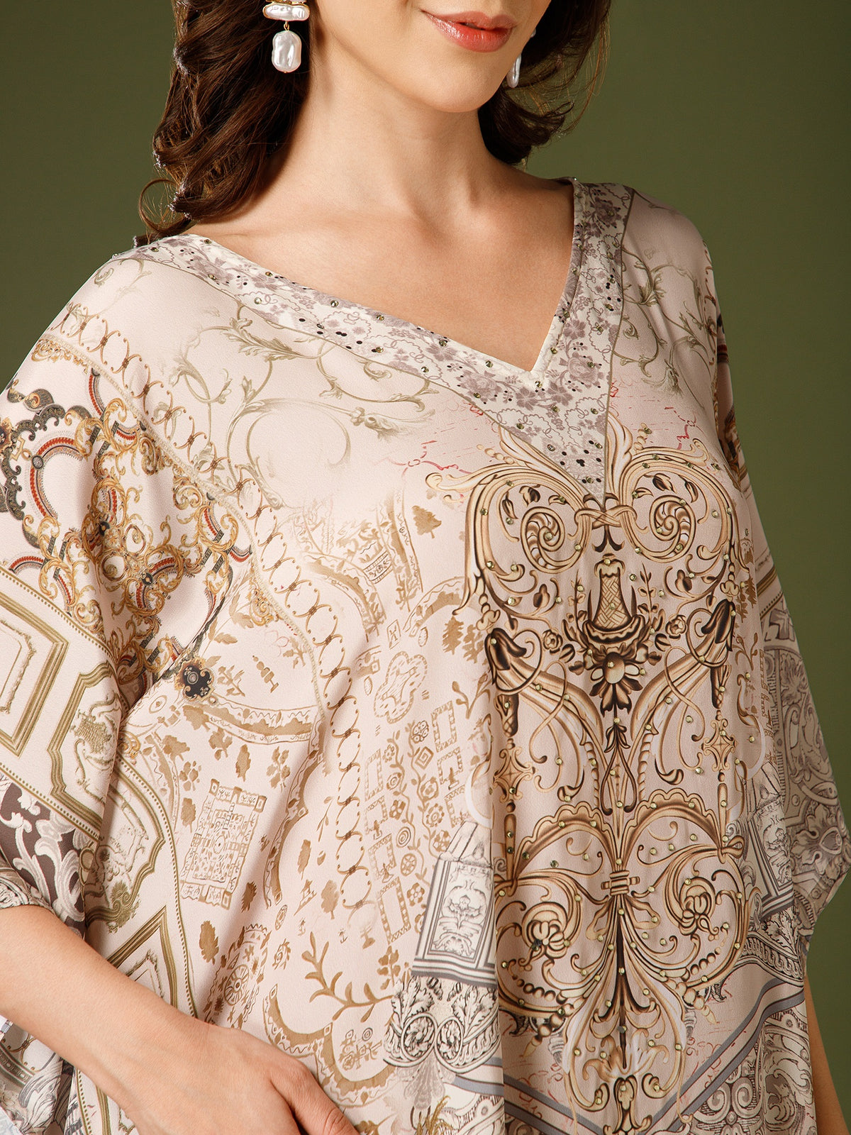 Beige Poly Silk V-Neck Kaftan Dress