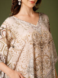 Beige Poly Silk V-Neck Kaftan Dress