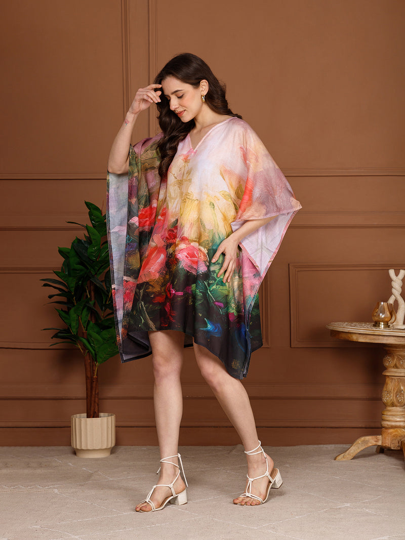 Black Floral Cotton V-Neck Kaftan Dress