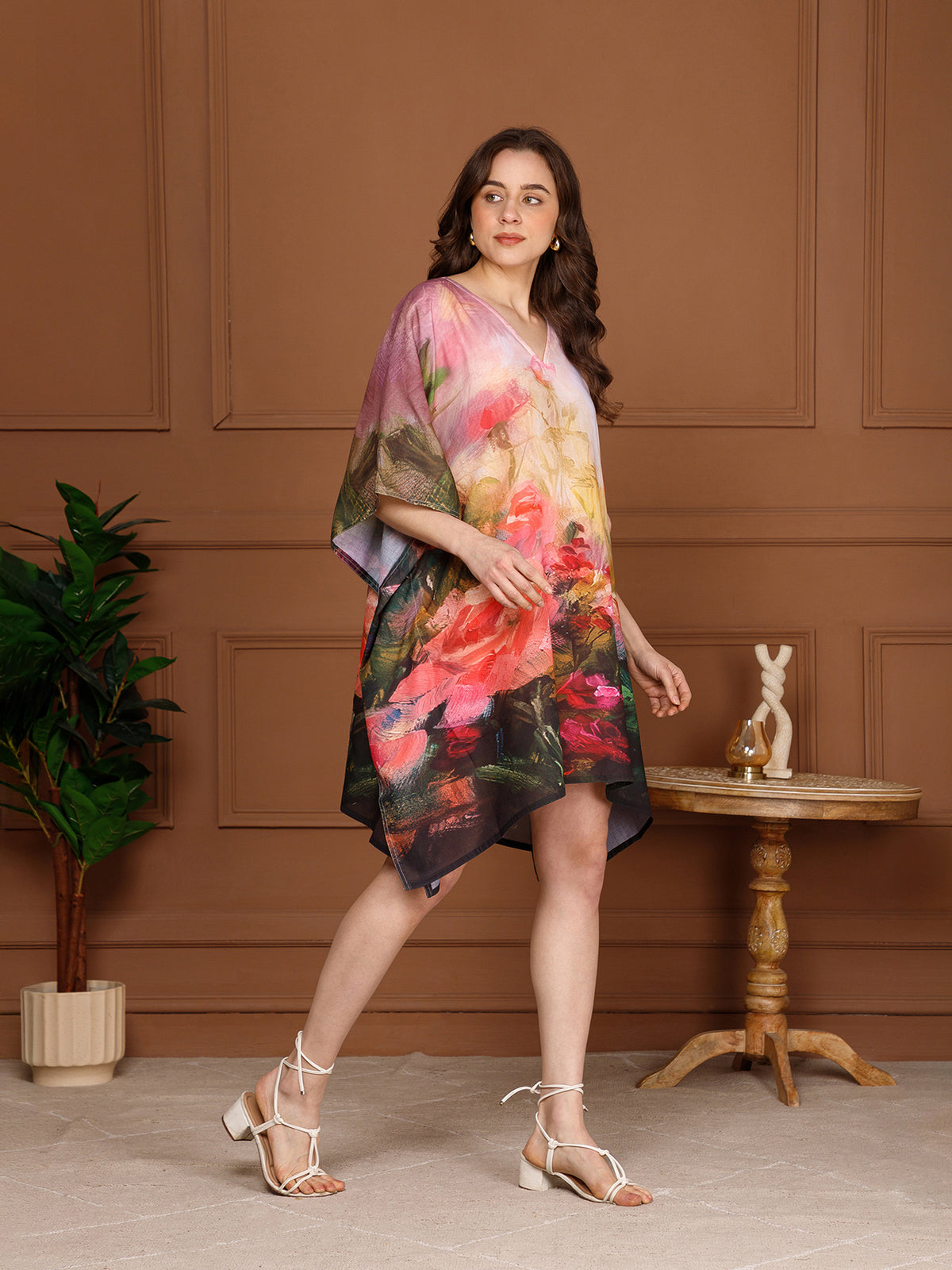 Black Floral Cotton V-Neck Kaftan Dress