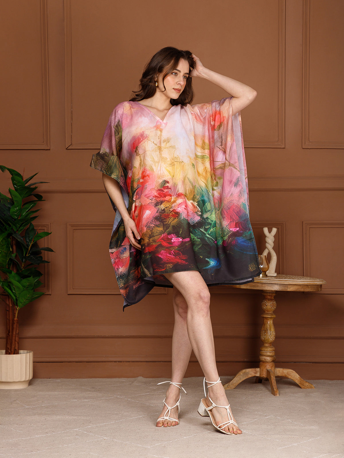 Black Floral Cotton V-Neck Kaftan Dress