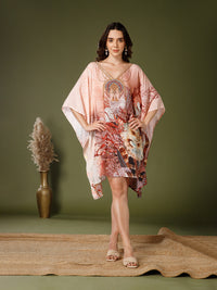 Peach Poly Silk V-Neck Kaftan Dress