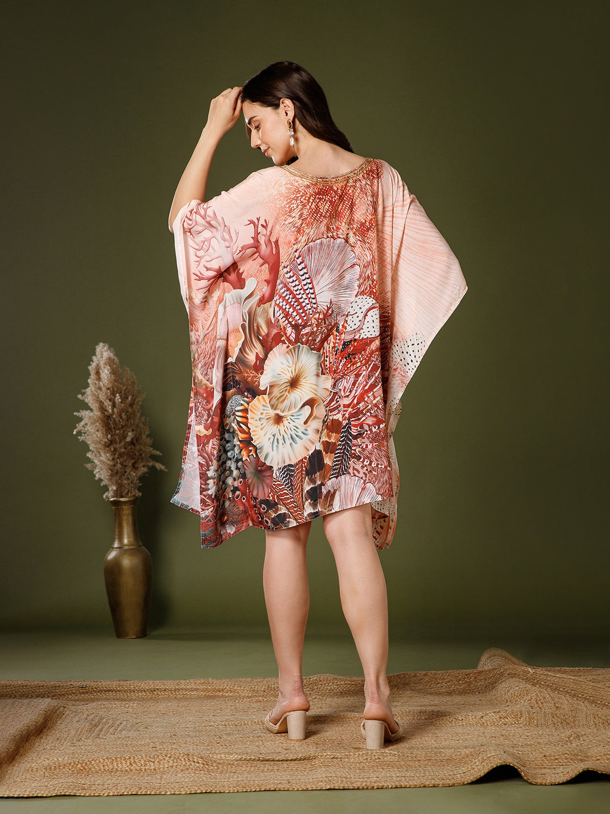 Peach Poly Silk V-Neck Kaftan Dress