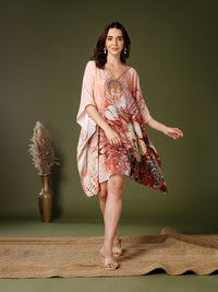 Peach Poly Silk V-Neck Kaftan Dress