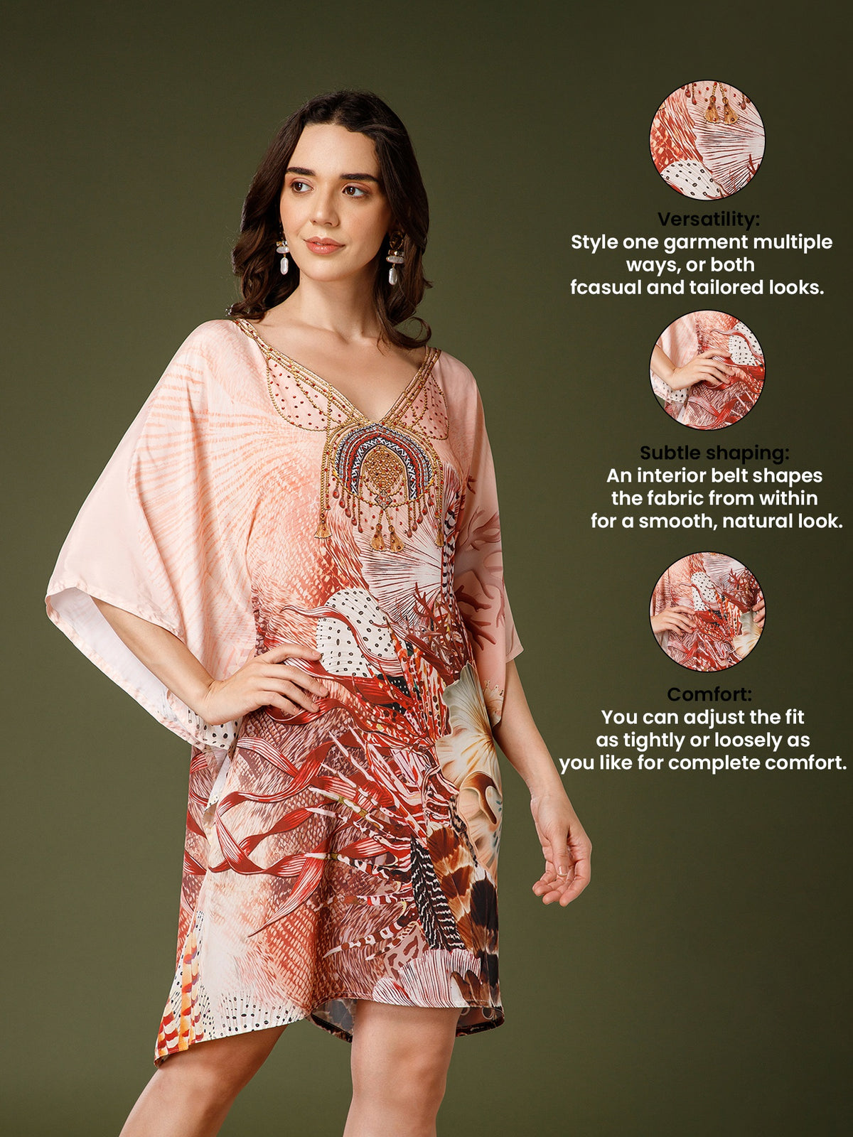 Peach Poly Silk V-Neck Kaftan Dress