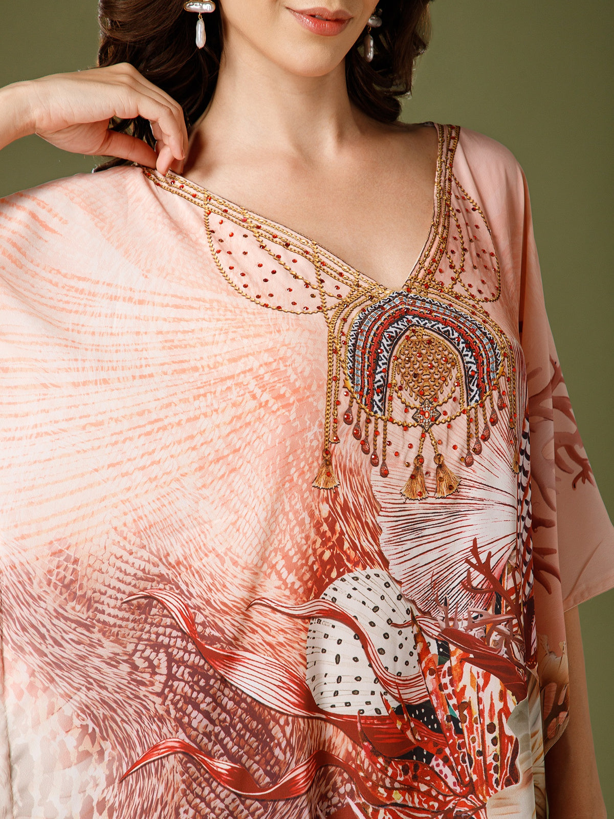 Peach Poly Silk V-Neck Kaftan Dress
