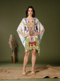 Forest Poly Silk V-Neck Kaftan Dress