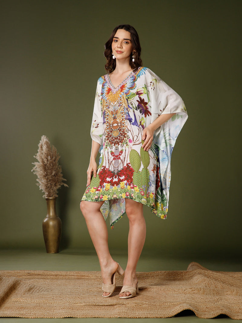 Forest Poly Silk V-Neck Kaftan Dress