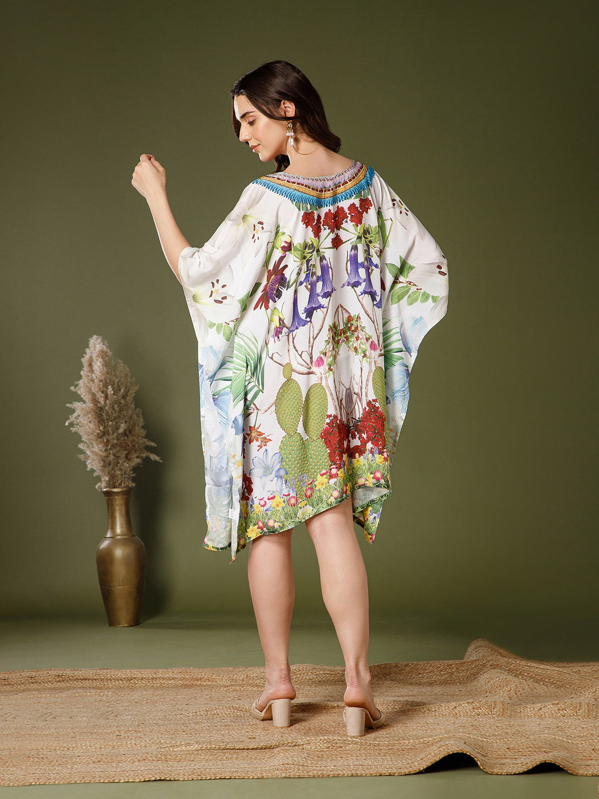 Forest Poly Silk V-Neck Kaftan Dress