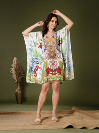 Forest Poly Silk V-Neck Kaftan Dress