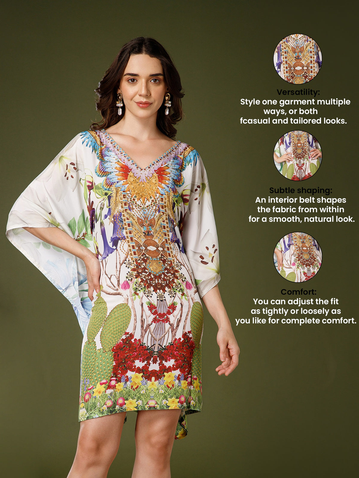 Forest Poly Silk V-Neck Kaftan Dress