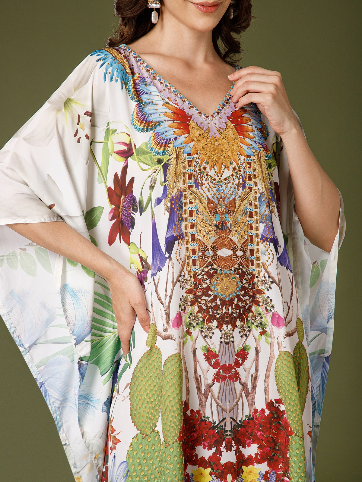 Forest Poly Silk V-Neck Kaftan Dress
