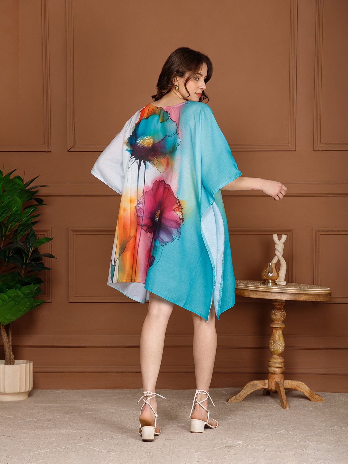 Teal Blue Cotton V-Neck Kaftan Dress