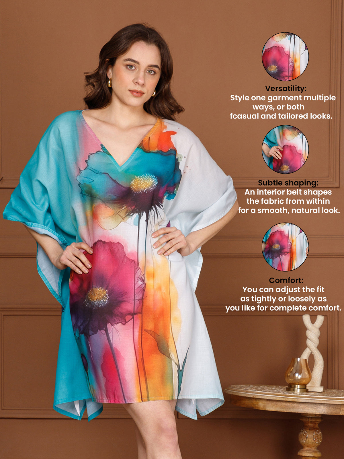 Teal Blue Cotton V-Neck Kaftan Dress