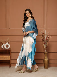 Women’s Beige & Blue Satin V-Neck Kaftan Maxi Dress