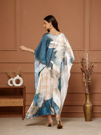 Women’s Beige & Blue Satin V-Neck Kaftan Maxi Dress