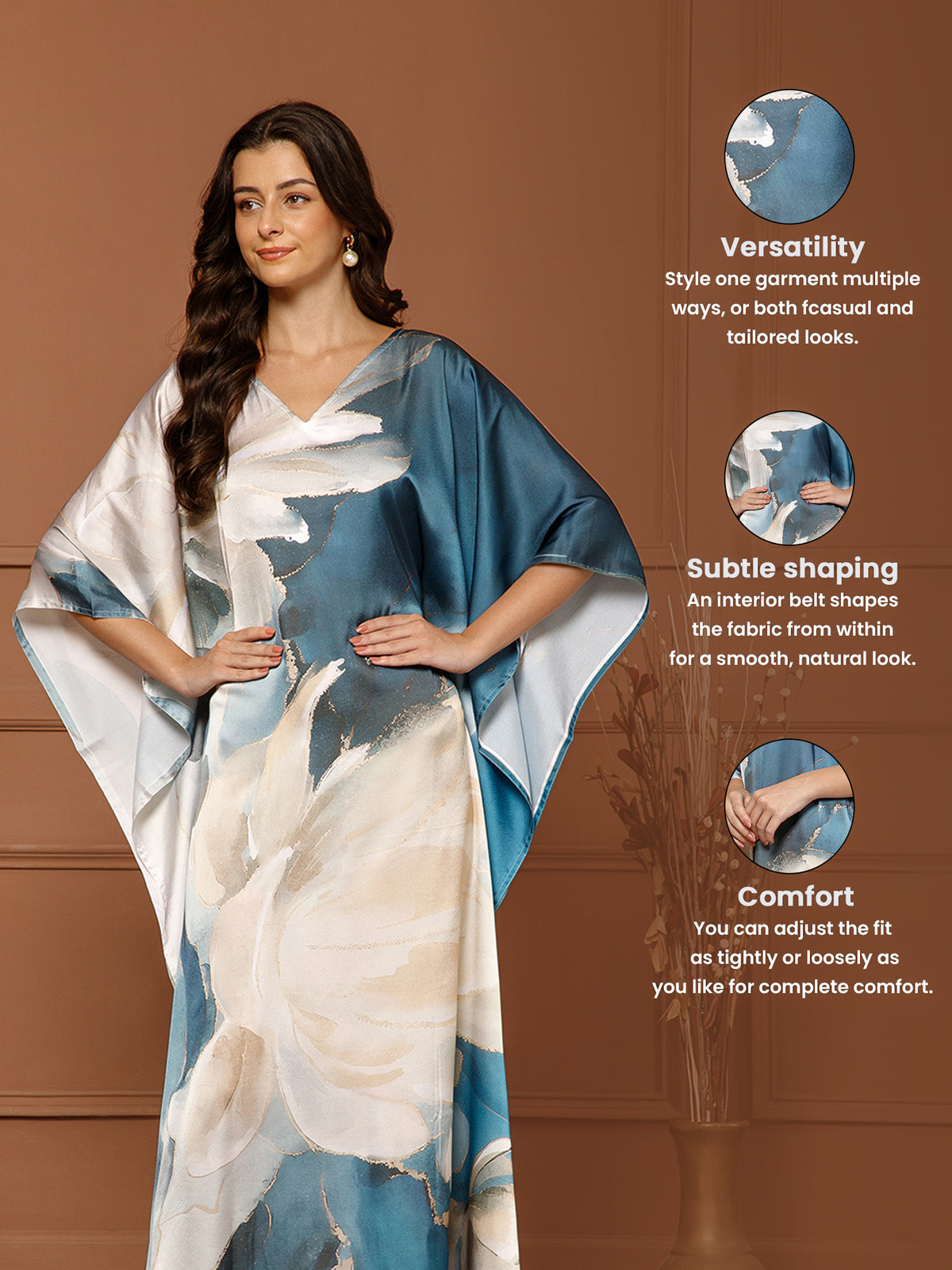 Women’s Beige & Blue Satin V-Neck Kaftan Maxi Dress