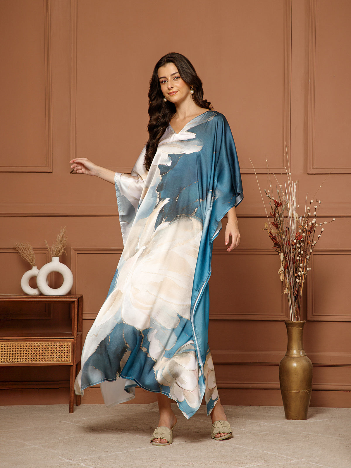 Women’s Beige & Blue Satin V-Neck Kaftan Maxi Dress